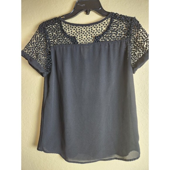 Japna Top Small Womens Black Chiffon Sheer See‎ Through Crochet V Neck Blouse - Picture 7 of 8